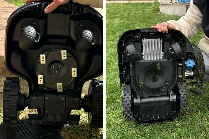 Der Mähteller sitzt bei allen modernen Mährobotern mittig und ist kleiner als das Chassis der Modelle, verschiedene Modelle sind im Vergleich zu sehen